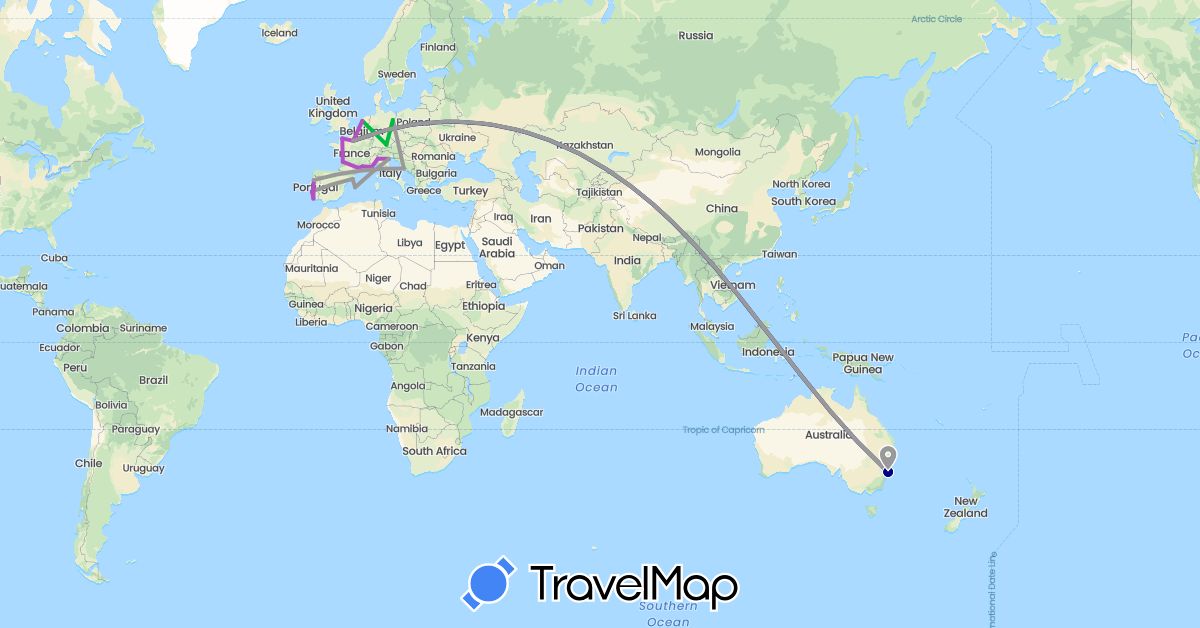TravelMap itinerary: driving, bus, plane, train in Australia, Germany, Spain, France, Croatia, Italy, Netherlands, Portugal (Europe, Oceania)